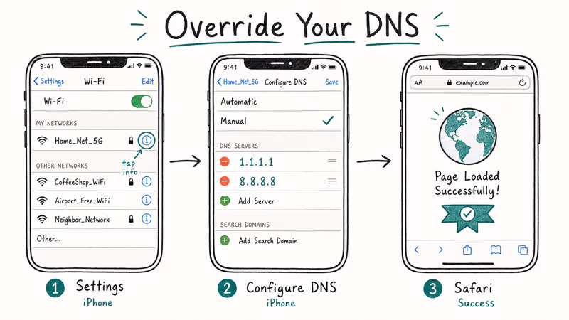 Three-screen iPhone flow showing manual DNS configuration with Cloudflare and Google DNS for Safari.