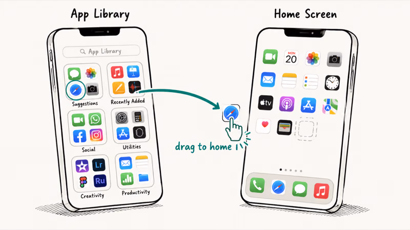 Hand-drawn iPhone showing the Safari icon being dragged from the App Library back to an empty slot on