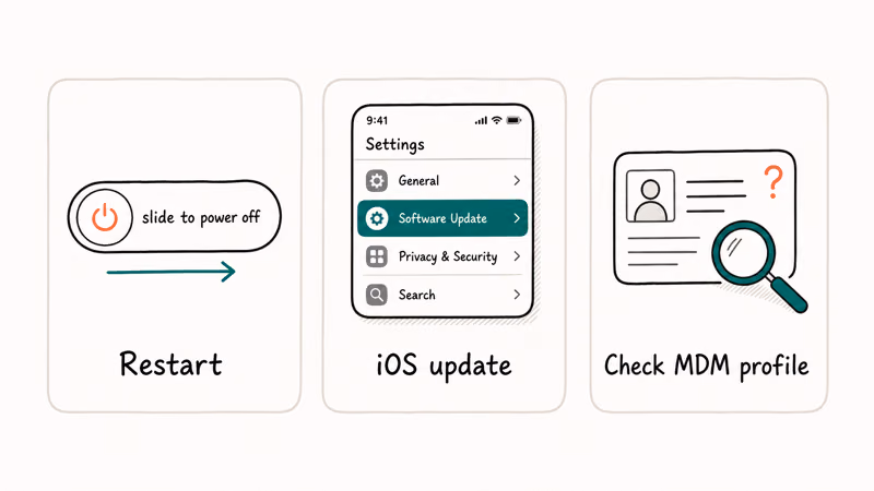 Hand-drawn three card escalation row showing restart iOS update and check MDM profile steps when Safari stays missing