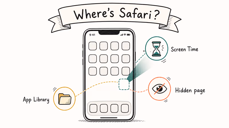 Hand-drawn iPhone home screen with a missing Safari spot highlighted and three callouts for Screen Time hidden pages