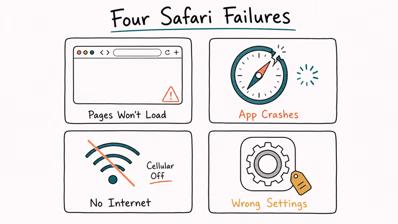 Four-card grid showing common Safari failure modes including blank pages crashes and Wi-Fi loss.