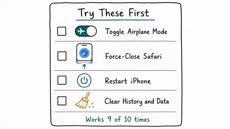 Four-row checklist showing airplane mode force-close restart and clear history Safari quick fixes.