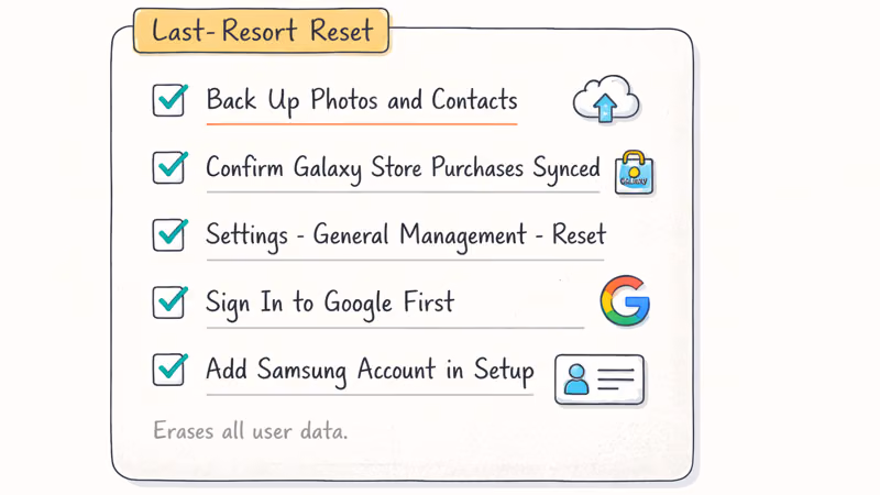 Notebook checklist for backing up data and signing back into Samsung after factory reset