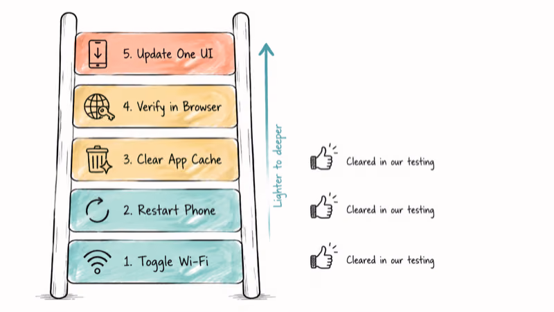Vertical ladder of five Samsung account quick fixes ordered from lightest to deepest