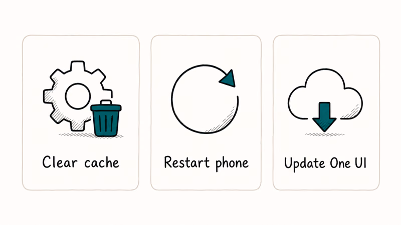 Hand-drawn three card row of quick InCallUI fixes clear cache restart phone and update One UI on a