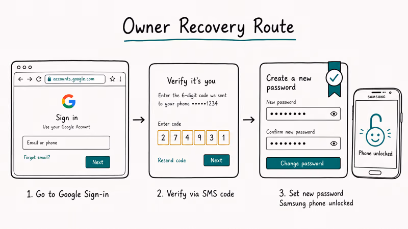 Three-screen flow showing official Google Account Recovery resolving Samsung FRP lock for owners.