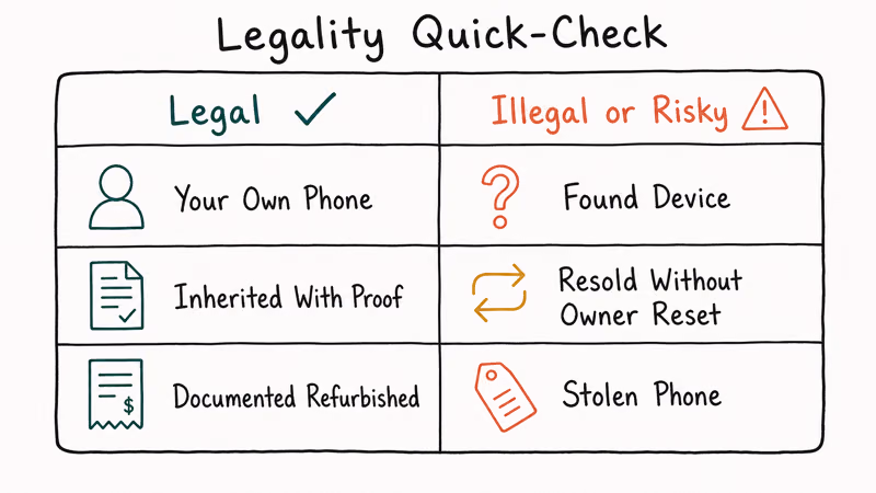 Two-column legality table comparing legal owner FRP cases with illegal cases like stolen or found phones.