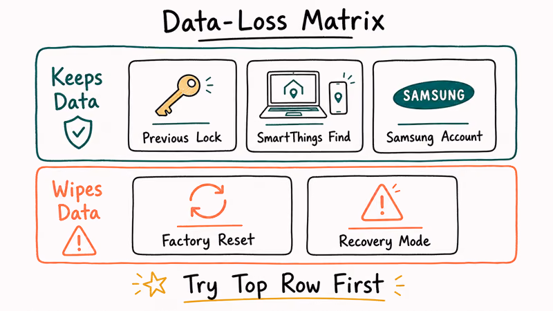 Two-row matrix comparing Samsung unlock methods that preserve data with methods that wipe everything.