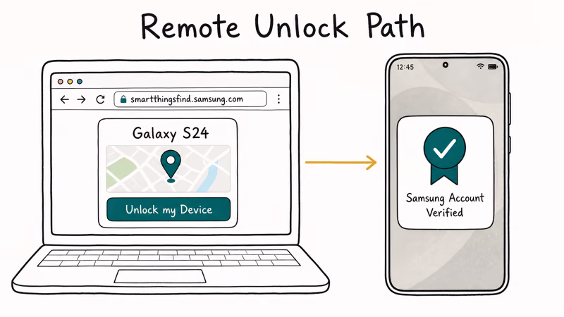 Two-pane diagram showing SmartThings Find dashboard sending remote unlock to a Galaxy phone.