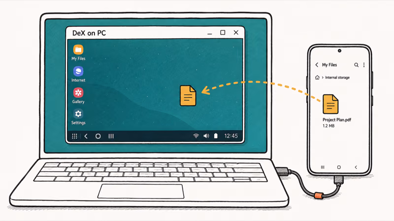 Samsung DeX phone desktop running inside a window on a Windows laptop screen