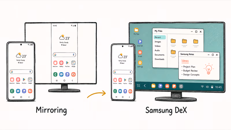 Side by side showing phone mirroring versus Samsung DeX landscape desktop with resizable windows