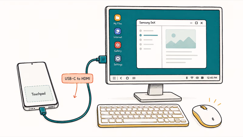Galaxy phone connected by USB-C to HDMI cable driving a desktop monitor workstation