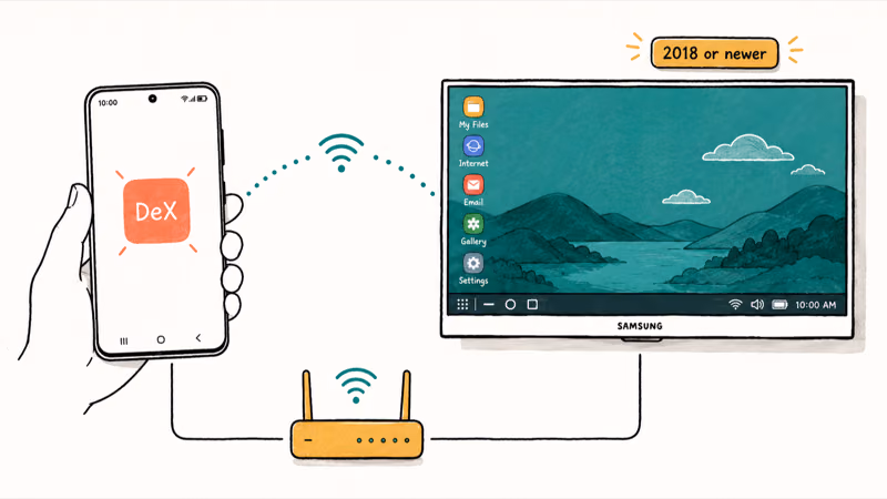 Galaxy phone casting Samsung DeX wirelessly over Wi-Fi to a newer Samsung television