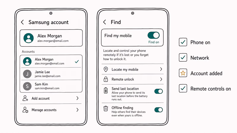 Samsung account sign-in screen beside the Find settings toggle switched on for tracking
