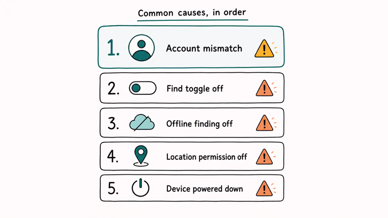 Ranked list of the five common reasons Samsung Find fails to locate a device