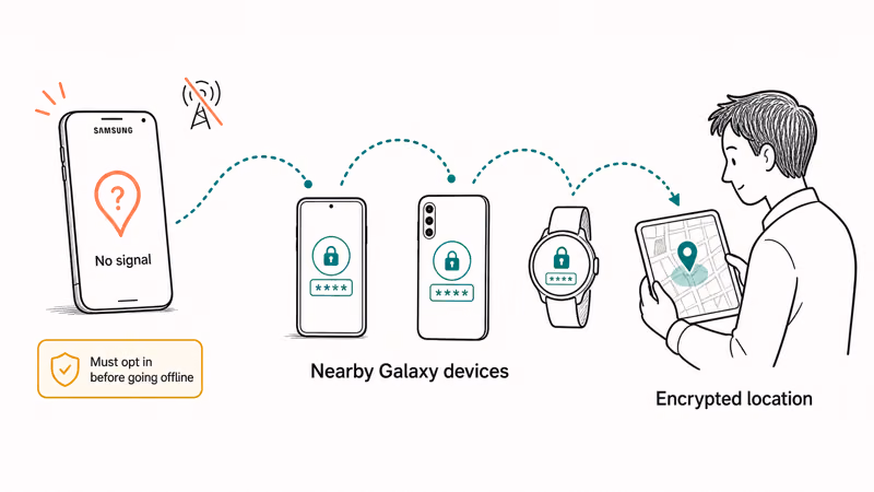 Nearby Galaxy phones relaying an encrypted offline location to a lost Samsung device