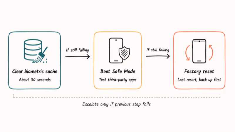 Horizontal flowchart of cache clear, safe mode, and factory reset escalation for Samsung fingerprint