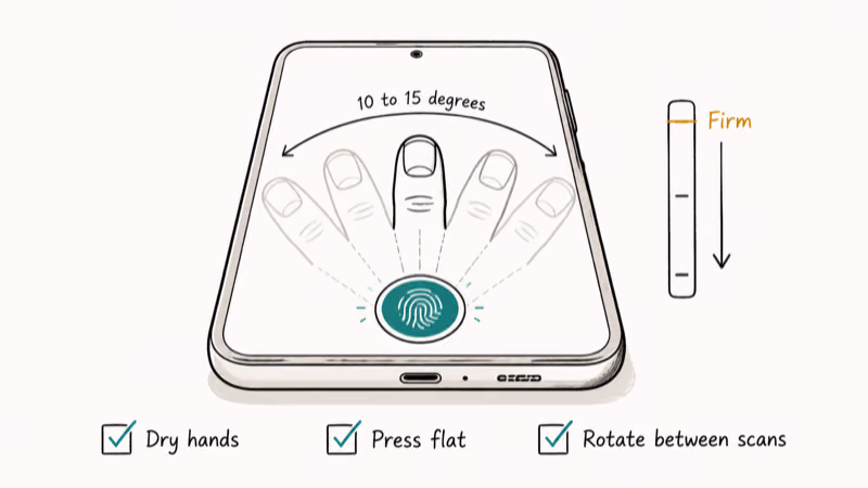 Hand-drawn illustration showing thumb rotation angle and firm pressure technique for Samsung fingerprint enrollment