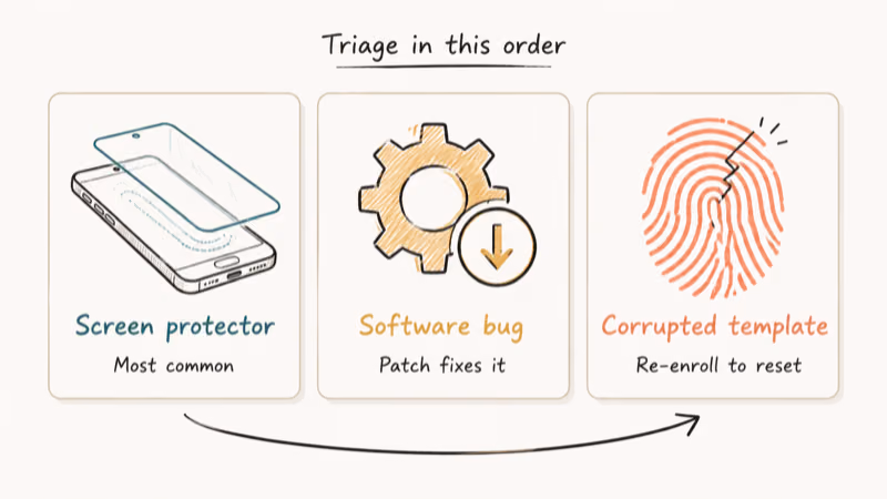 Three hand-drawn cards showing screen protector, software bug, and corrupted template fingerprint causes