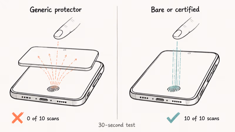 Side-by-side comparison of fingerprint sensor blocked by generic glass versus working through a bare Samsung