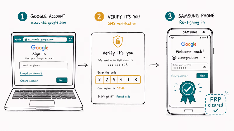 Three-panel flow recovering a Google Account through accounts.google.com SMS verification then unlocking Samsung