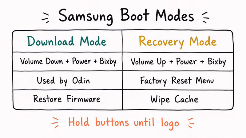 Two-column table separating Samsung download mode and recovery mode by key combo purpose and outcome