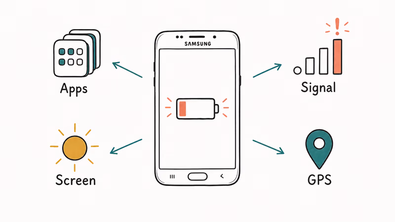 Samsung Galaxy phone surrounded by labeled battery drain causes like apps and signal