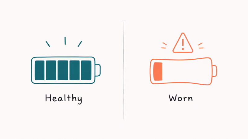 Comparison of healthy Galaxy battery versus worn battery showing swelling and reduced capacity