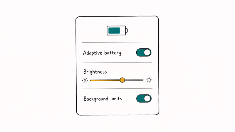 Galaxy settings panel with toggle switches for adaptive battery and brightness controls