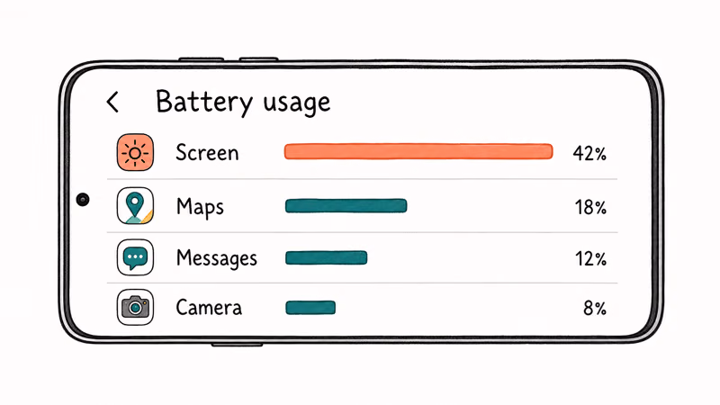 Phone settings screen showing battery usage list with apps ranked by drain percentage