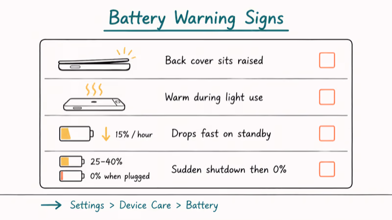 Hand drawn checklist showing four physical signs of a failing Samsung Galaxy battery with simple