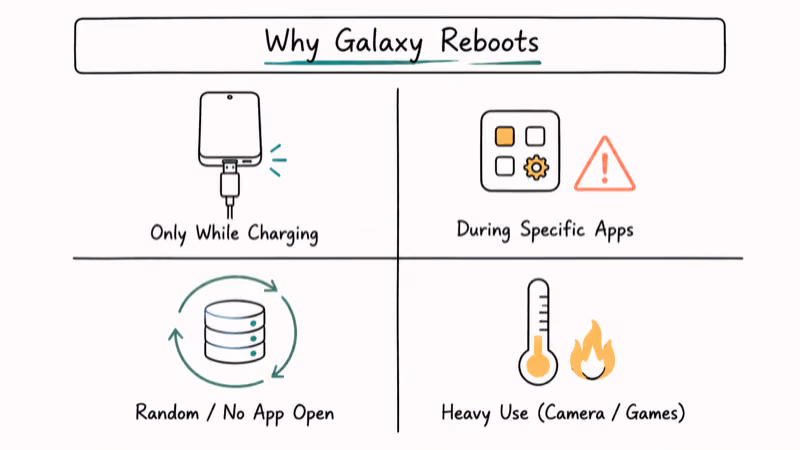 Notion hand drawn comparison grid showing four common Samsung Galaxy reboot trigger patterns side by
