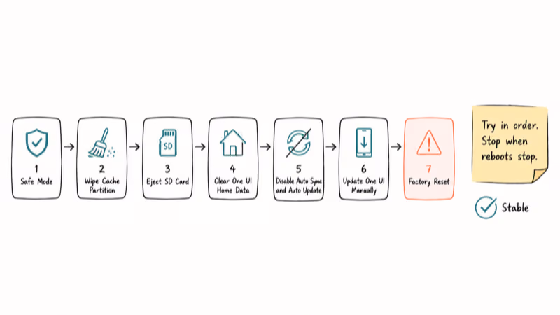 Hand drawn vertical flowchart listing seven Samsung Galaxy software reboot fixes in recommended order.