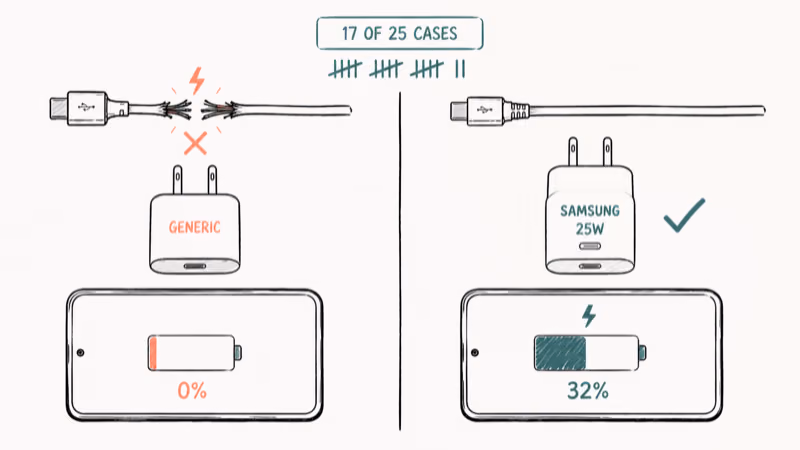Comparison of frayed generic USB-C cable versus certified Samsung cable charging Galaxy phone