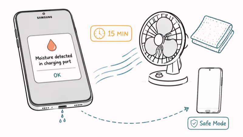 Samsung Galaxy moisture-detected warning with fan drying port and safe mode fallback option