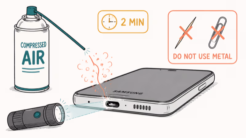 Compressed air can clearing lint from Samsung Galaxy USB-C port with metal tools warning