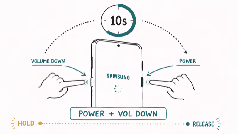 Diagram showing Power and Volume Down buttons held together for ten seconds soft reset