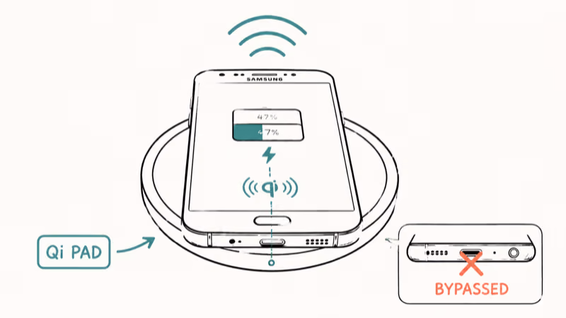 Galaxy phone charging on Qi wireless pad bypassing damaged USB-C port for diagnosis