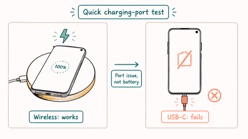 Galaxy S10 wireless charger working compared to USB-C cable failing diagnostic test