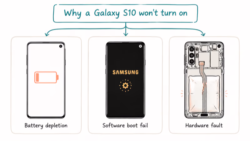 Three Galaxy S10 cards labeled battery, software, hardware showing why an S10 won't power on