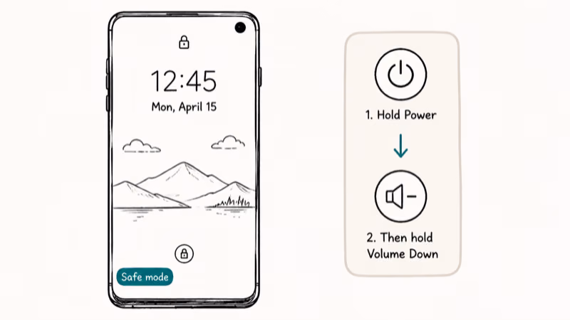 Galaxy S10 lock screen showing Safe mode tag in lower-left corner after boot
