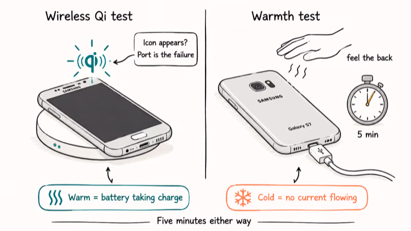 Side by side Galaxy S7 wireless Qi pad test and back panel warmth test diagnostic