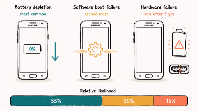 Hand-drawn breakdown of three Galaxy S7 boot failure causes with relative likelihood weighting