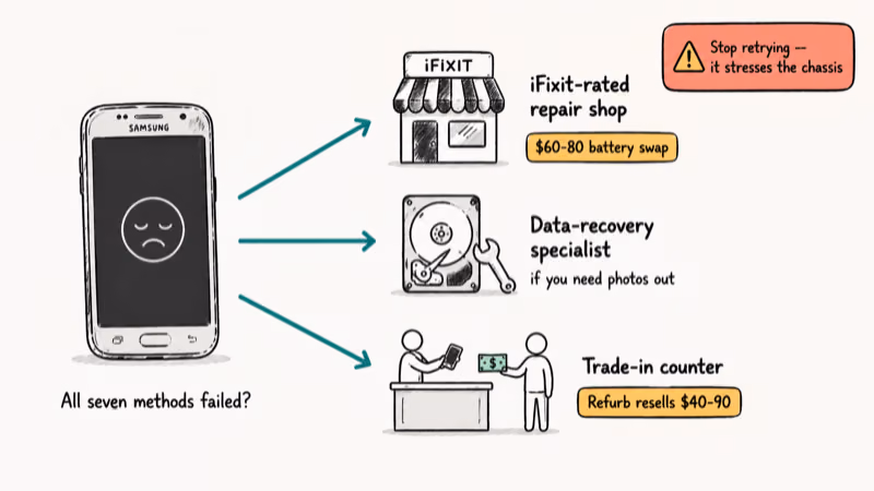 Decision diagram routing dead Galaxy S7 to repair shop data recovery or trade-in with prices
