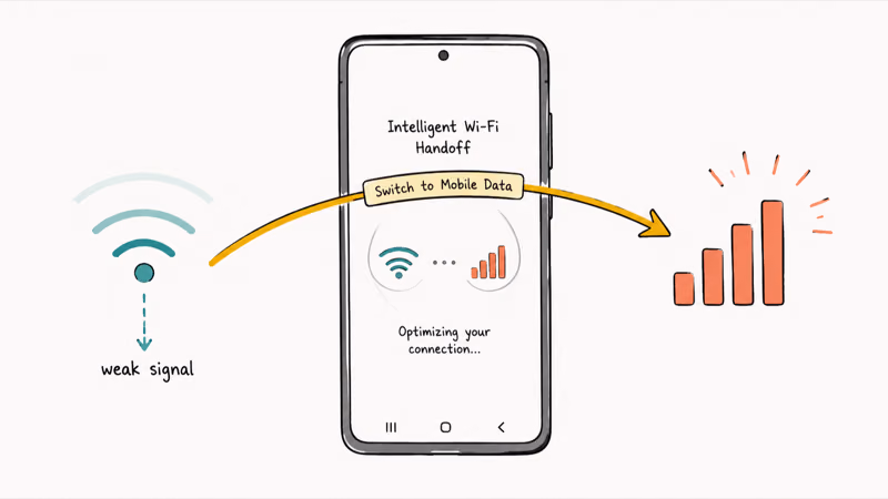 Galaxy phone handing its connection from a fading Wi-Fi icon to mobile data signal bars
