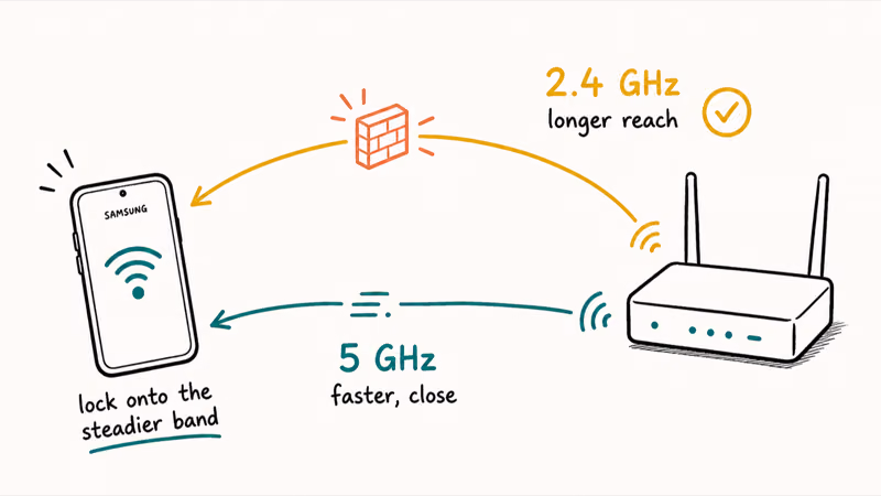 Phone choosing between a long-reach 2.4 GHz band and a faster 5 GHz band