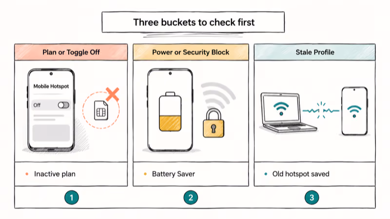 Three-column diagram showing Samsung hotspot failure causes plan power security and stale profile.