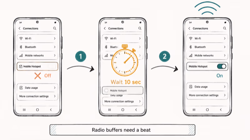 Three-step diagram showing hotspot toggle off ten second wait then back on with countdown stopwatch.