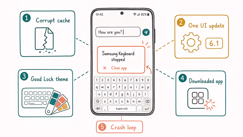 Five common causes of Samsung Keyboard crash loops shown as labeled cards