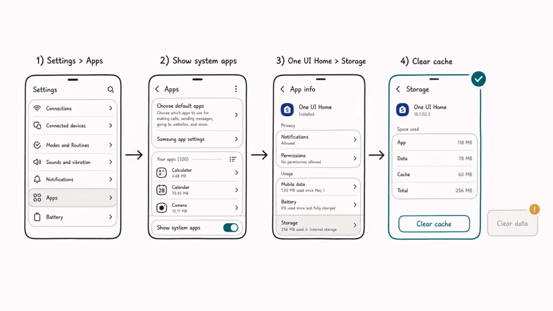 Settings navigation path to open One UI Home storage and clear its cache